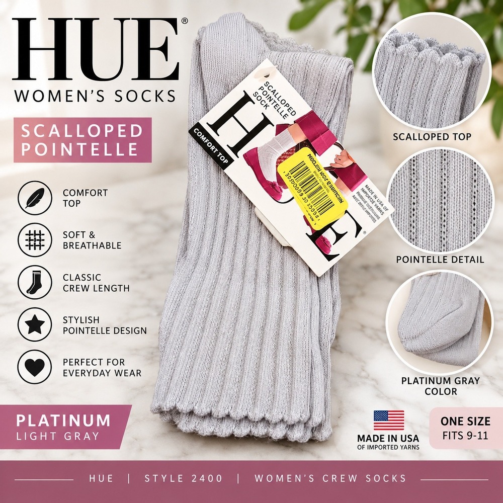 Hue Womens Scalloped Pointelle Crew Socks Platinum Gray Style 2400 One Size NWT